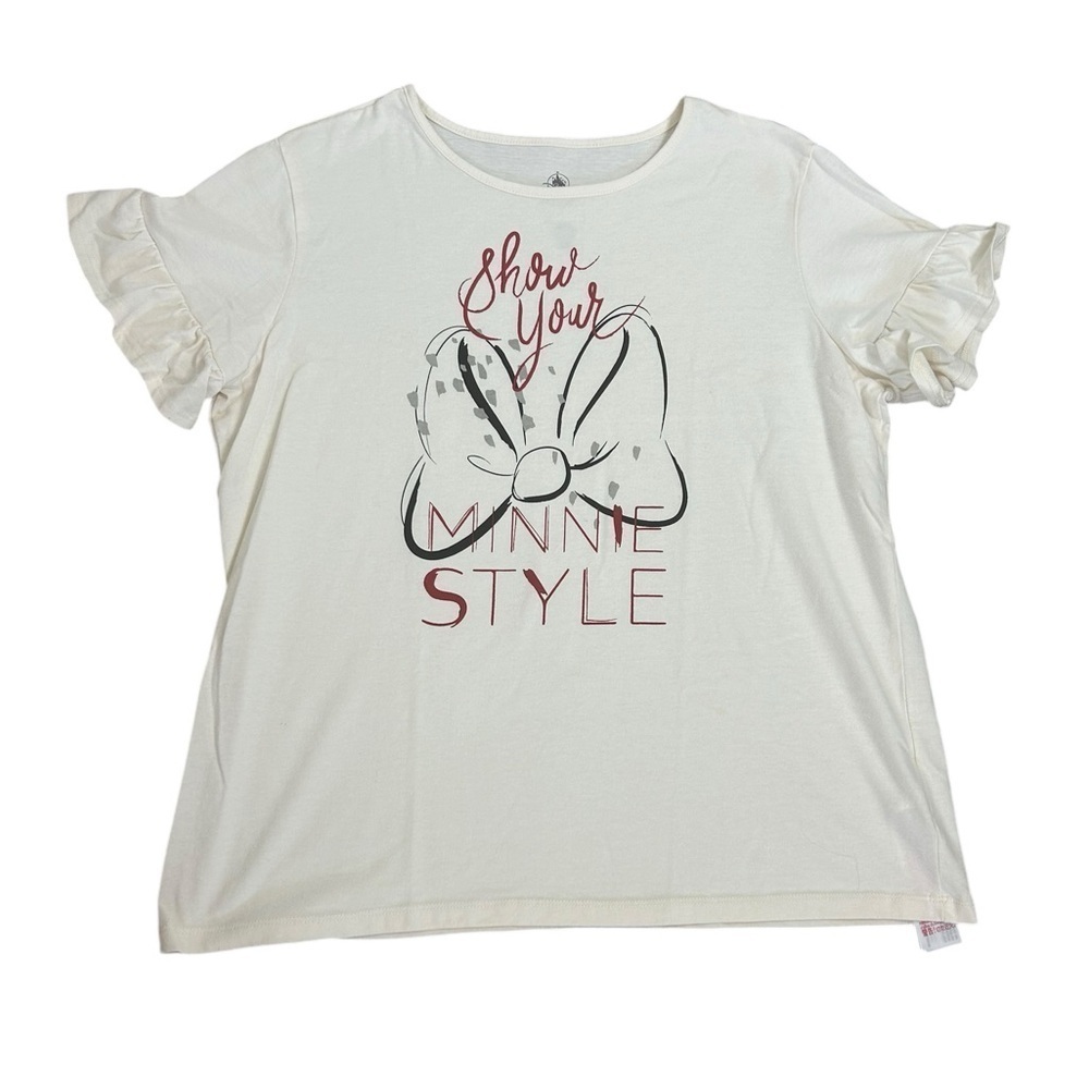 ♥️Disney Cream Ruffle Short Sleeve Minnie Mouse Graphic T-shirt Women’s Size XL